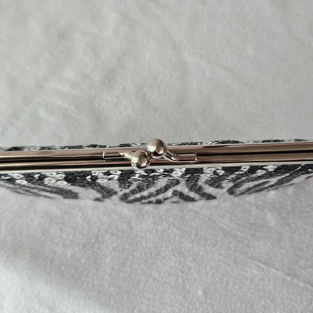 Amici Accessories Zebra Sequin Kiss Lock Wallet Black Silver Clutch Checkbook